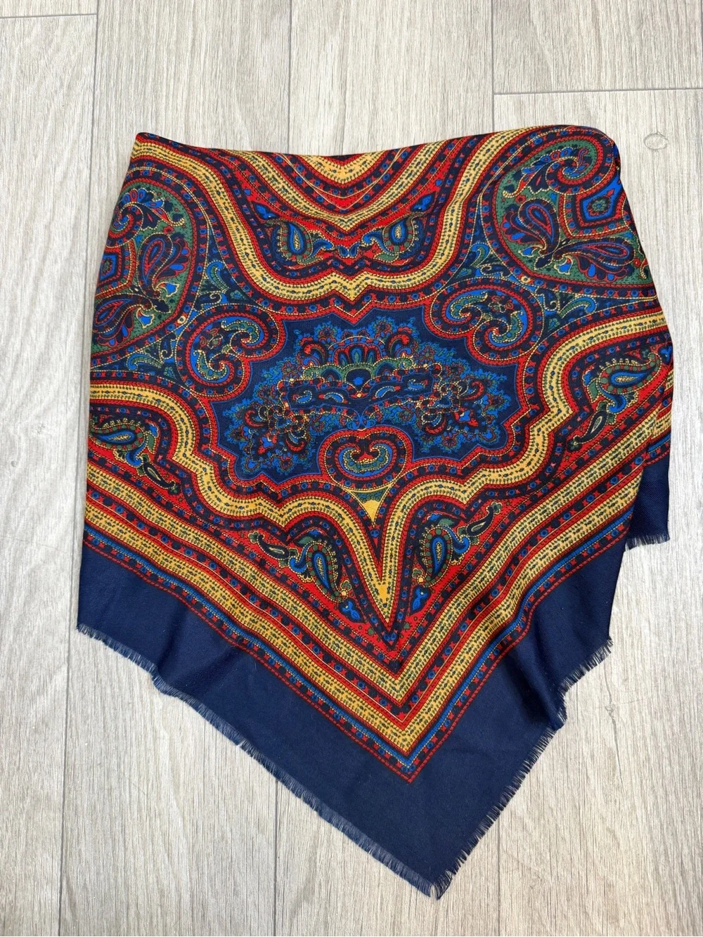 Large 46” Paisley Square Scarf Shawl Navy Blue Red Gold Boho Wrap